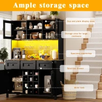 Tall Kitchen Cabinet with Integrated Power Strip and Wine Glass Rack, Stylish Sideboard with Cable Management, 120L x 40W x 170H cm, Black(m-4)