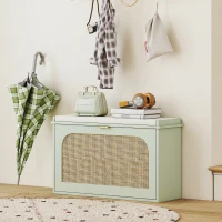 HOMCOM Banc à chaussures, banc de rangement, assise rembourrée, tiroir rabattable, porte en rotin, 80 x 26 x 47,5 cm, vert(m-6)