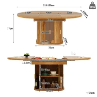 Extendable Dining Table with Hidden Storage and Glass Doors, Round Kitchen Table for 6 People, 118-158L x 118W x 77H cm, Walnut(m-3)