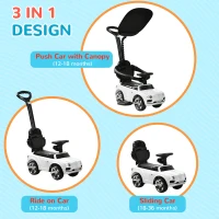 AIYAPLAY Rutschauto 3-in-1 z daszkiem, białe, z rączką do pchania(m-4)