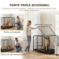 PawHut Gabbia per Cani in Acciaio con Ruote, 3 Porte, Vassoio Rimovibile e Chiusura Sicura, Nero(m-5)