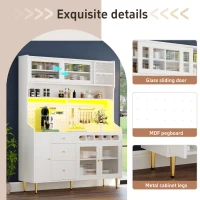 Freestanding Highboard with LED Lighting & Pull-Out Wine Rack, Tall Storage Cabinet with Sliding Glass Doors, 145L x 39W x 171H cm, White(m-4)
