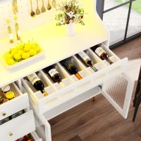 Freestanding Highboard with LED Lighting & Pull-Out Wine Rack, Tall Storage Cabinet with Sliding Glass Doors, 145L x 39W x 171H cm, White(m-8)