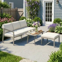 Outsunny 3 Piece Garden Dining Set, Outdoor Patio Furniture with 3 Seater Sofa, Footstool, Coffee Table and Cuhsions(m-9)