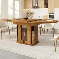 Extendable Dining Table with Hidden Storage and Glass Doors, Round Kitchen Table for 6 People, 118-158L x 118W x 77H cm, Walnut