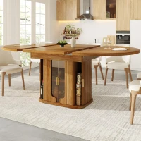 Extendable Dining Table with Hidden Storage and Glass Doors, Round Kitchen Table for 6 People, 118-158L x 118W x 77H cm, Walnut(m-1)