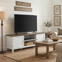 HOMCOM TV Stand for TVs up to 42 Inch, Farmhouse Entertainment Center with 2 Open Shelves, 2 Cabinets and Thick Top(m-9)
