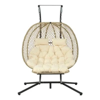Eiförmiger Hängesessel mit Ständer, Schaukelstuhl mit verstellbarer Fußstütze, Gartenhängstuhl mit Sitzauflage & Kissen, 140 x 94 x 197 cm, Beige(m-1)