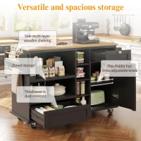 Modern Dining Trolley with Drawers, Cupboards and Open Shelving, Mobile Kitchen Cart with Wooden Worktop, 129L x 46W x 92H cm, Black(m-4)