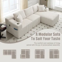 Modular L-Shaped Sectional Sofa with High-Resilience Foam, Plush Corduroy Chaise Lounge for 3 People, 257L x 160W x 80H cm, Beige(m-4)