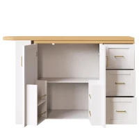 Multifunctional Kitchen Island for Dining & Living Areas, Extendable Bar Cart with 2 Doors & 3 Drawers, 135-228L x 39W x 104H cm, White(m-11)