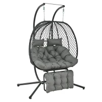 Eiförmiger Hängesessel mit Ständer, Schaukelstuhl mit verstellbarer Fußstütze, Gartenhängstuhl mit Sitzauflage & Kissen, 140 x 94 x 197 cm, Grau(m-6)