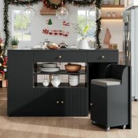 Adjustable Kitchen Island with 2 Stools, 6-Drawer and Generous worktop, Versatile Sideboard with Open Shelves, 140L x 40W x 89H cm, Black(m-1)