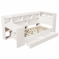 Multi-Functional Single Daybed with Bookcase & Computer Desk, Space-Saving Bed Frame with Ergonomic Desk, 63L x 114W x 100H cm, White(m-14)