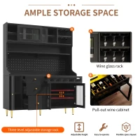 Modern Highboard with LED Lighting & Adjustable Shelves, Freestanding Cabinet with Pull-Out Wine Rack, 145L x 39W x 171H cm, Black(m-5)