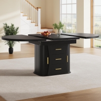 Extendable Dining Table with 3-Tier Hidden Storage and Oval Extension, Round Kitchen Table for 6 People, 118-158L x 118W x 77H cm, Black