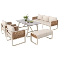 Modular Garden Lounge Set with Thick Elastic Foam Cushions, Versatile Garden Sofa Set with Glass Side Table, 178L x 61W x 76H cm, Beige(m-14)