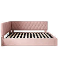 Stylish Upholstered Daybed with Hydraulic Ottoman Storage, L-Shaped Single Sofa Bed with Velvet Fabric, 196L x 100W x 77H cm, Pink(m-2)