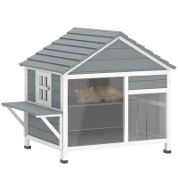 PawHut Maison pour Chat Extérieur Toit Ouvrant Fenêtre Panoramique Porte à Lamelles et Plateforme de Repos 101x72,5x81cm Gris(m-11)