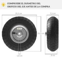 Outsunny Juego de 4 Ruedas para Carretilla Neumáticos de Goma Ø255 x 75 mm Eje de 16 mm Carga 80 kg Negro(m-3)