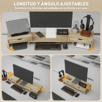 HOMCOM Elevador Monitor Ángulo y Longitud Ajustable con 2 Cajones para Portátil Computadora PC 60-116x22x12 cm Roble(m-4)