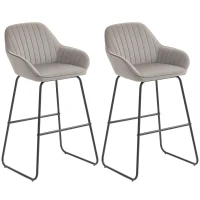 HOMCOM Bar Stools Set of 2, Velvet Upholstered Breakfast Barstools with Footrest and Armrest, Kitchen High Stools with Metal Legs for Home Bar, Kitchen Islands, Grey(m-11)
