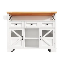 Multifunctional Kitchen Cart with 3 Drawers and 2 Glass-Front Doors, Mobile Kitchen Island with Drop-Leaf Table, 120L x 71W x 98H cm, White(m-11)