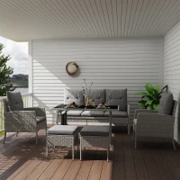 Outsunny 5 Seater Rattan Garden Furniture Set, 6 Piece Garden Sofa Set, Armchairs, 3-Seater Sofa, Footstools, Glass Dining Table, Cushions, Wicker Outdoor Furniture for Conservatory Patio, Grey(m-10)