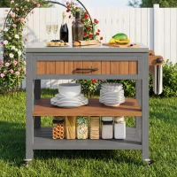 Mobile Wood Tool Cabinet with Stainless Steel Worktop, Weatherproof Barbecue Station for Outdoor Use, 80L x 51W x 91.5H cm, Natural(m-1)