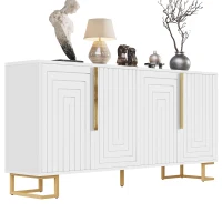 Stylish Sideboard with 2 Doors, 4 Shelves and Geometric Door Design, Durable Cabinet with Slim Metal Feet, 152L x 40W x 75H cm, White(m-13)