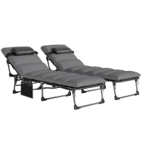 Outsunny Lot de 2 Bains de Soleil Transat de Jardin Matelas XXL 9cm Inclinable 180° Plat Pliable à 5 Positions 200x57x38cm Gris(m-12)