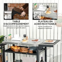 Outsunny Chariot pour barbecue plancha avec plateau en inox, multi-équipements, 6 crochets, tablette rabattable, 2 roulettes(m-5)