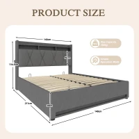 Padded Storage Bed Frame with LED Lighting and USB‑C Charging, Hydraulic Bed with Hidden Storage, 143L x 211W x 116.5H cm, Dark Gray(m-3)
