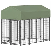 PawHut Recinto per Cani da Esterno in Acciaio con Tetto in Tessuto Oxford, Anti-UV, Impermeabile, 2 Ciotole, Verde(m-10)