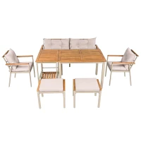 Set tavolo e sedie da pranzo per giardino 6-7 posti, mobili da giardino con poltrone e carrello portavivande rimovibile, Beige+Colore naturale(m-6)