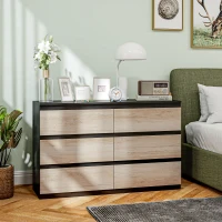 HOMCOM Commode 6 tiroirs meuble de rangement sans poignées design minimaliste 120 x 39 x 75 cm noir et bois naturel(m-2)
