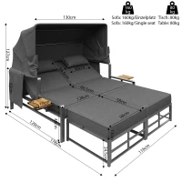 Convertible Garden Lounge Set with Double Reclining Lounger, Outdoor Rattan Sofa Set with Adjustable Backrest, 128L x 117W x 40H cm, Gray(m-3)