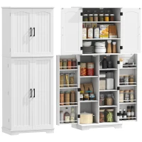 HOMCOM Buffet haut cuisine, armoire de cuisine, 4 portes, 10 niches, 8 porte-épices et étagères réglables, 60x35x162cm, blanc(m-11)