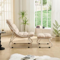 Poltrona lounge da esterno con pouf, cuscino imbottito, tessuto sling, struttura in acciaio, Beige(m-4)