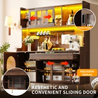 Country Style Sideboard with App-Controlled LED Light Strip, Sturdy Cabinet for Living & Dining Area, 145L x 39W x 171H cm, Brown(m-4)