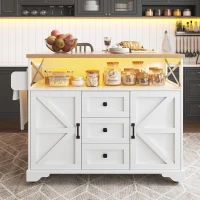 Mobile Kitchen Island with Drop-Leaf Table and Multi-Tier Snack Shelves, Serving Cart with App-Controlled LED, 120L x 72W x 98H cm, White(m-8)