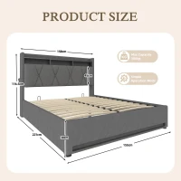 Hydraulic Storage Bed Frame with LED Lighting and USB Type-C Charging, Stylish Bed with Open Shelf, 158L x 221W x 116.5H cm, Dark Gray(m-3)