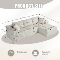 Modular L-Shaped Sectional Sofa with High-Resilience Foam, Plush Corduroy Chaise Lounge for 3 People, 257L x 160W x 80H cm, Beige(m-3)