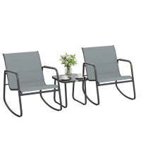 Outsunny Conjunto de Jardín de 3 Piezas con 2 Sillas Mecedoras Mesa con Encimera de Vidrio y Estructura de Acero para Patio Gris(m-10)