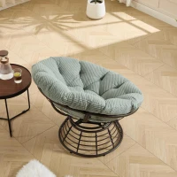 Poltrona Papasan, girevole a 360°, cuscino spesso(tessuto a coste), struttura in acciaio, 92x92x67 cm, Verde chiaro(m-5)