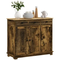 HOMCOM Sideboard with Rubberwood Top and Adjustable Shelves for Dining Room, Kitchen - Rustic Brown(m-10)