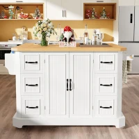 Mobile Kitchen Island with 2 Doors, 6 Drawers and Wood-Effect Worktop, Rolling Cart for Compact Dining Areas, 120L x 45W x 91H cm, White(m-1)