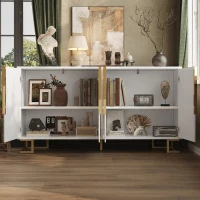 Stylish Sideboard with 2 Doors, 4 Shelves and Geometric Door Design, Durable Cabinet with Slim Metal Feet, 152L x 40W x 75H cm, White(m-7)