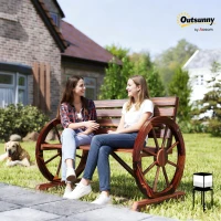 Outsunny Wooden Cart Wagon Wheel 2 Seater Garden Bench Outdoor Garden Armrest Chair Rustic High Back Loveseat(m-11)