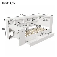 Multi-Functional Single Daybed with Bookcase & Computer Desk, Space-Saving Bed Frame with Ergonomic Desk, 63L x 114W x 100H cm, White(m-3)